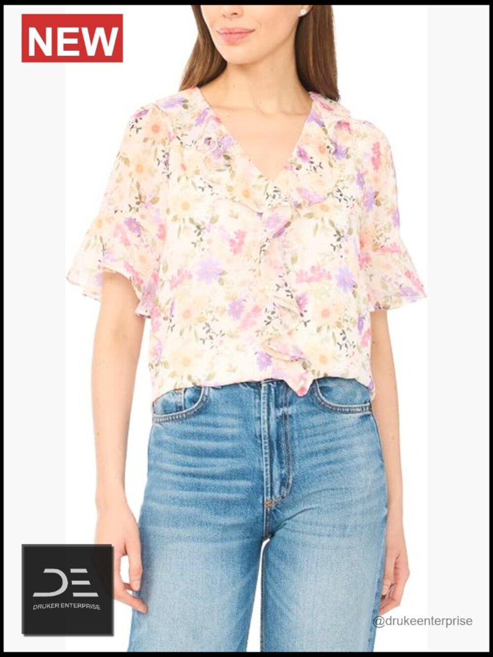 Flutter Sleeve Ruffle Short Sleeve Blouse V-Neck Floral Print Lightweight